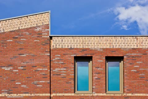 Brick facade with blue windows