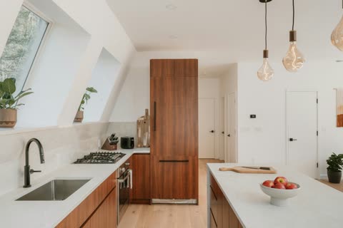 Wood kitchen with skylight